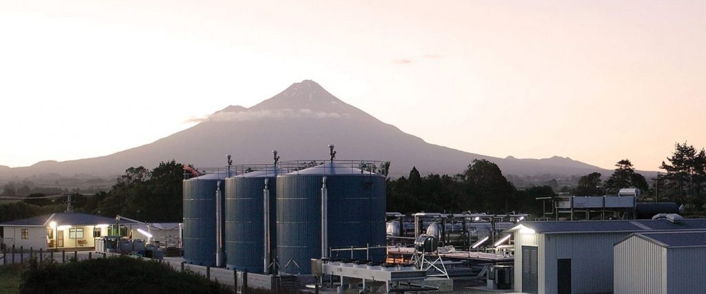 Horizon Energy Services production station at dusk with Mt Taranaki beyond